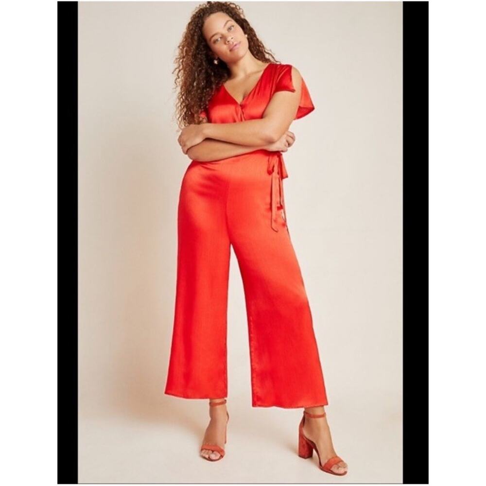 Anthropologie Maquelle Red Satin Short Sleeve Wide Leg Jumpsuit NEW Womes Medium